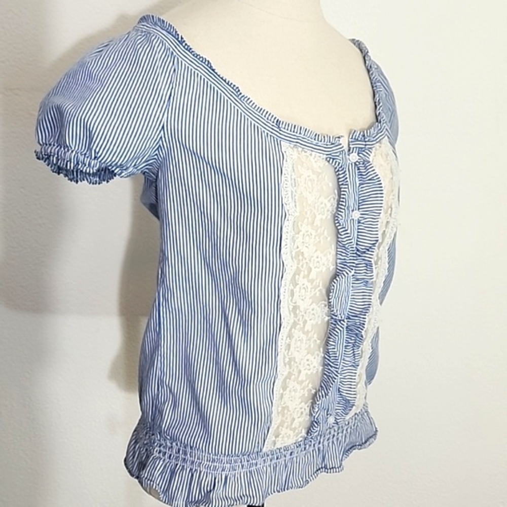 Forever 21 Blouse Y2KPeasant Ruffle Lace Partial Button Down Front Blue Size S - Picture 5 of 9
